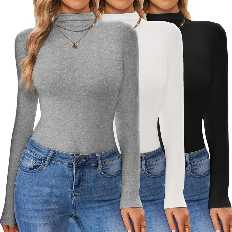 Women's 3-Pack Turtleneck Sleeve Shirts - Mock Neck, Slim Fit, Basic, Stretchy, Lightweight Winter Thermal Base Layer Soft Fabric Undershirts