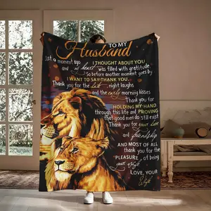 To My Husband Lion King Flannel Throw Blanket, Thank You Lion Couple Pattern Soft Cozy Warm Nap Blanket for Couch Bedroom, Romantic Gift for Husband from Wife, Anniversary Valentine's Day Birthday Christmas Holiday Present