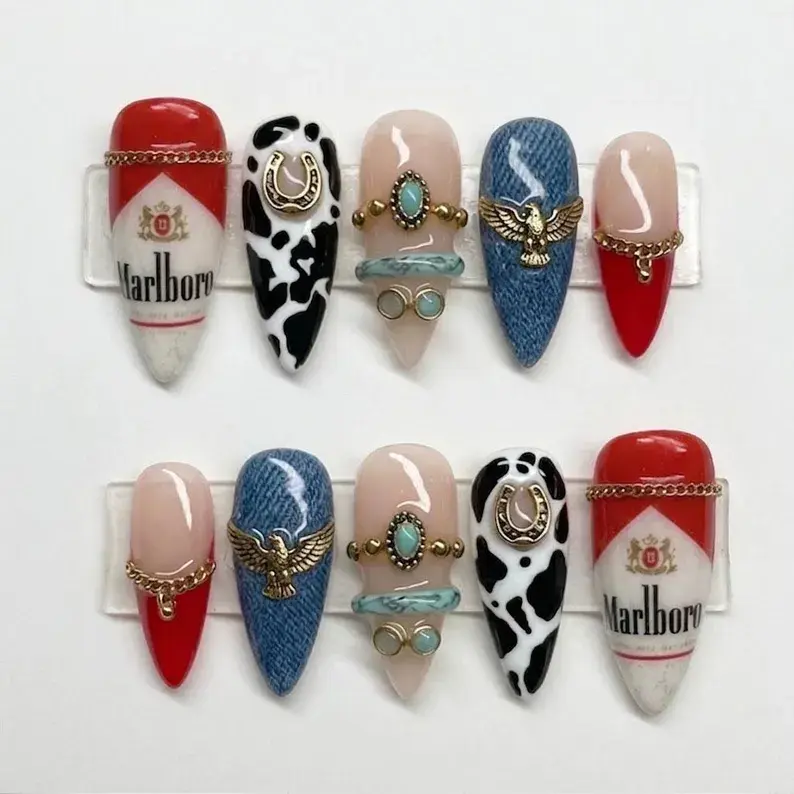 Cowgirl Press On Nails, Western Nails, Denim Cow Print Cowboy Style, Handmade Statement Nails