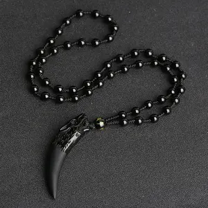 GTHIC Wolf Tooth Obsidian Amulet Pendant Necklace Versatile Jewelry Accessories for Men Women Birthday Gift