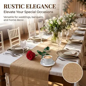 Natural jute table runner, rustic jute tablecloth, suitable for wedding banquet table decoration, vintage farmhouse style table decoration.