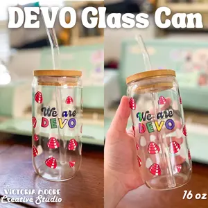 DEVO Glass Can Cup with Straw and Bamboo Lid | Novelty Handmade We Are DEVO Art Custom Beer Can Glass | DEVO Fan Art