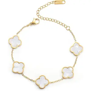 Gold Plated Lucky Flower Link Bracelet for Women, White/Black/Red/Green Floral Charm Bracelet, Trendy Daily Jewelry Gift
