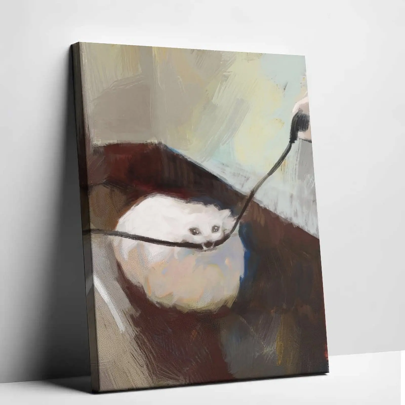 Funny Crying White Cat Canvas Wall Art Sad Screaming Kitten Biting Wire Oil Painting Poster Humorous Animal Meme Aesthetic Prints Trendy Bedroom Living Room Studio Decor Whimsical Gift for Cat Lovers