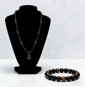 8mm Obsidian & Tiger's Eye Beaded Necklace and Bracelet Set | 60CM Natural Stone Healing Crystal Jewelry for Men & Women, Wealth & Protection Necklace, Abundance Bracelet