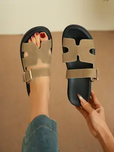 Women's Summer Sandals, New Large Size Slip-Ons, Thick Sole, Plain Color, Open Toe Slides, Casual Beach Slippers, PU Upper, Rubber Sole