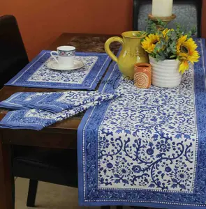 Chelsea Series Hand-Block Cotton Table Runner — Azure Blue
