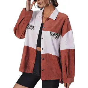 2021 New Women's Oversized Leopard Vintage Denim Jacket Long Sleeve Button Down Boyfriend Jean Jacket