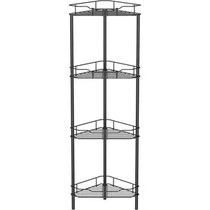 4 Tier Floor Standing Corner Shower Caddy Organizer Shelf with Hooks, Bathroom Shelves Stand Rack, Black