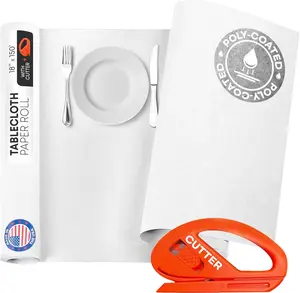 IDL Packaging White Tablecloth Paper Roll 18" x 1800" (150 feet, 225 sq.ft) with Cutter - USA-Made Natural Poly-Coated Paper Table Runner - 100% Recycled Disposable Kraft Material for Table Covering