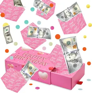 Happy Birthday Surprise Gift Box Explosion for Money - DIY Pop Out Folding Bounce Explosion Gift Box with Confetti - Birthday Money Bank - Cash Gift Idea for Women Men Kids (Pink)