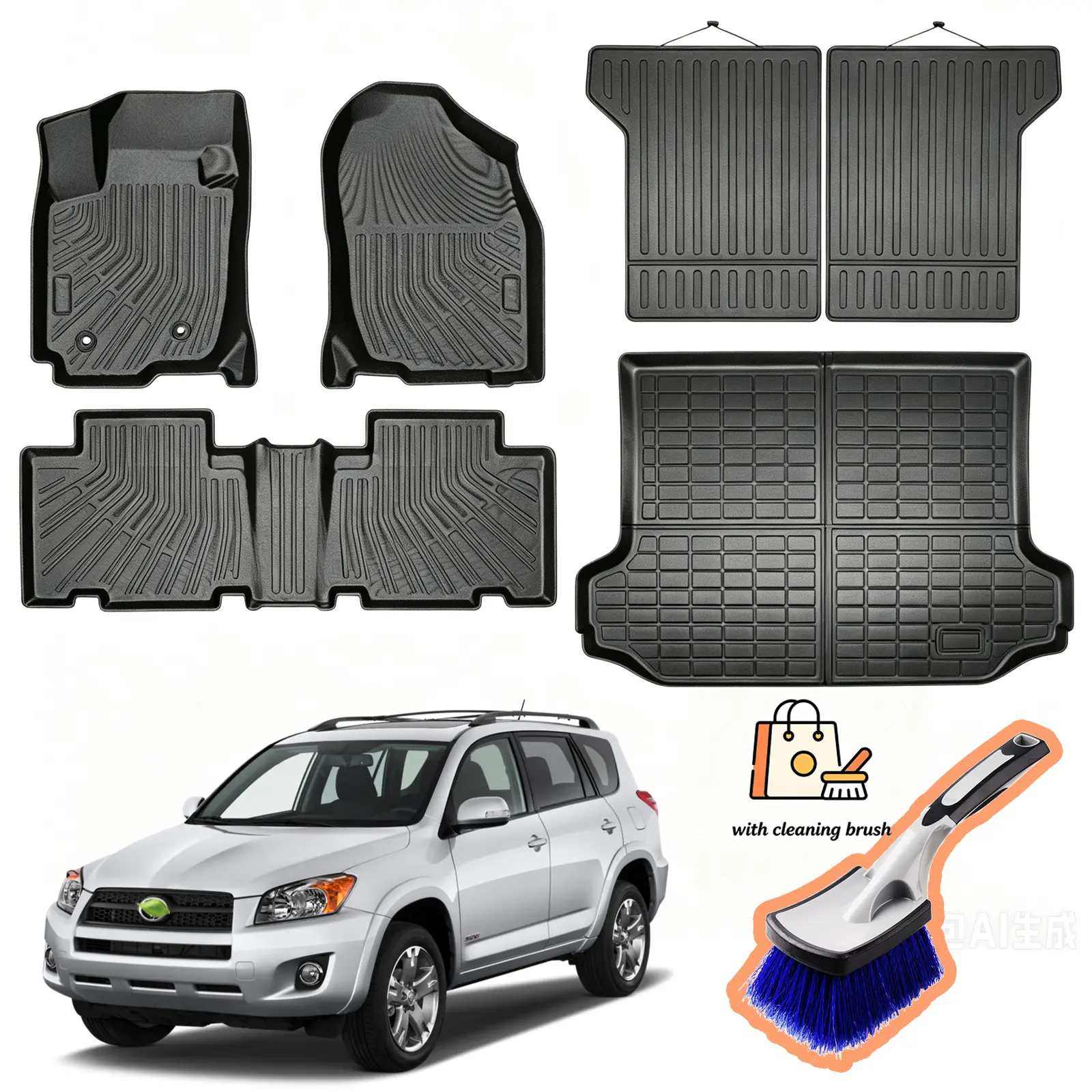 Canvcle RAV4 Floor Mats - Car Mats for Toyota RAV4 2006-2012, All Weather Floor Mats and Cargo Liner with Backrest Mat for RAV4 Accessories, Heavy Duty Rubber Mats, Car Accessories, Buy Now Get Free Cleaning Brush