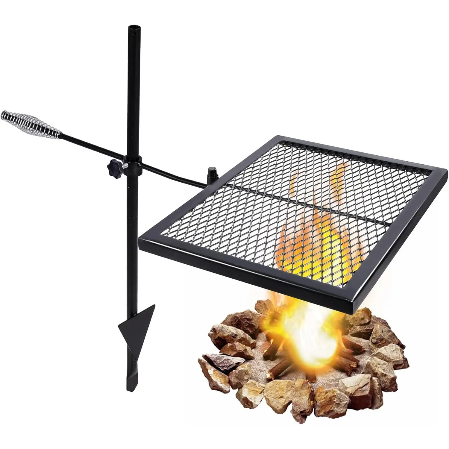 Swivel Campfire Grill Grate, Adjustable Heavy Duty Steel Open Fire Grill Rack, Fire Pit Grill Grate Over Fire Pit with Carrying Bag  Outdoor Camping BBQ, Rectangle Black