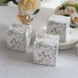 25 Pack White Sage Green Paper Gift Boxes in French Toile Pattern, Cardstock Party Shower Candy Favor Boxes - 3"x3"x3"