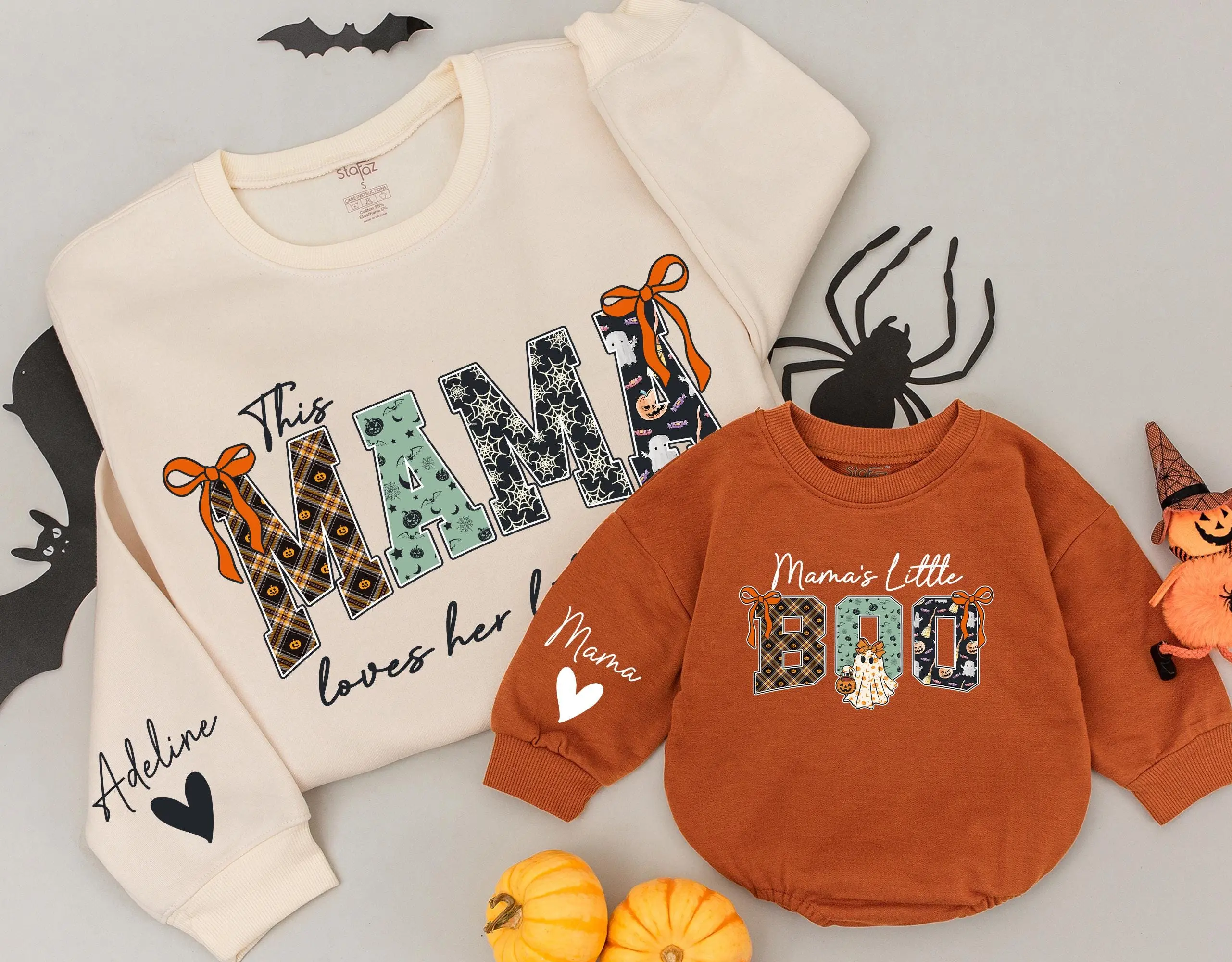 CUSTOMIZED This Mama Loves her little boo Sweatshirt & Mama's little Boo Romper Halloween Matching Outfits Mommy and Me Shirt Custom Halloween Gift for Family Fall Outfit Personalized & Pumpkin