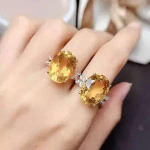Genuine Natural Citrine Ring for Women, 925 Sterling Silver Oval Yellow Crystal Statement Ring, November Birthstone Jewelry Gift