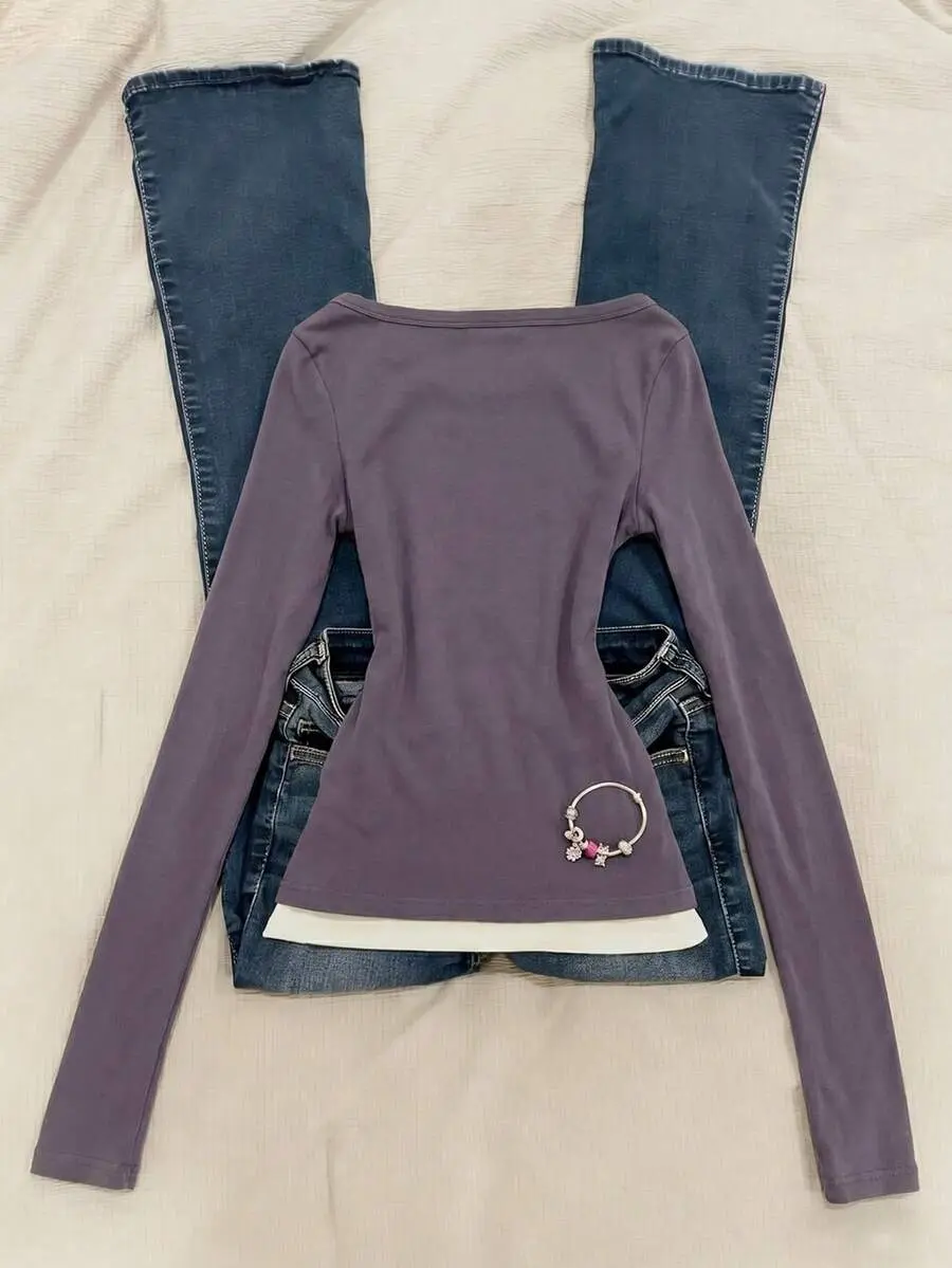 Women Slim Fit Long Sleeve 2 In 1 T-Shirt- back to school outfit- back to school outfit