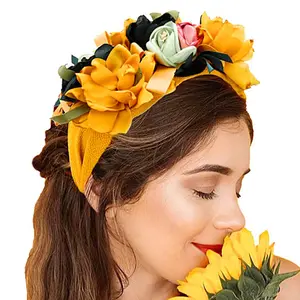 Flower Headbands for Women Boho Yellow Floral Headband Wide Autumn Wedding Hairband statement Hair Accessories(Yellow)