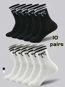 10 pairs of mid-calf black and white striped sports socks, Polyester athletic socks, Sports Fit Socks, with butterfly patterns, for men and women, odor-resistant, sweat-absorbent, casual, versatile, Suitable for students and adults, ideal for gifts