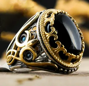 Men's Turkish Handmade Two Tone Black Zircon Vintage Ring Sleeping Beauty Ring Spellbound Ring