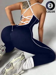 Women's Sporty Jumpsuit, Workout Jumpsuit, Colorblock Halter Yoga Pants, Plain Pattern, Above the Ankle, All Seasons, Comfortable Activewear