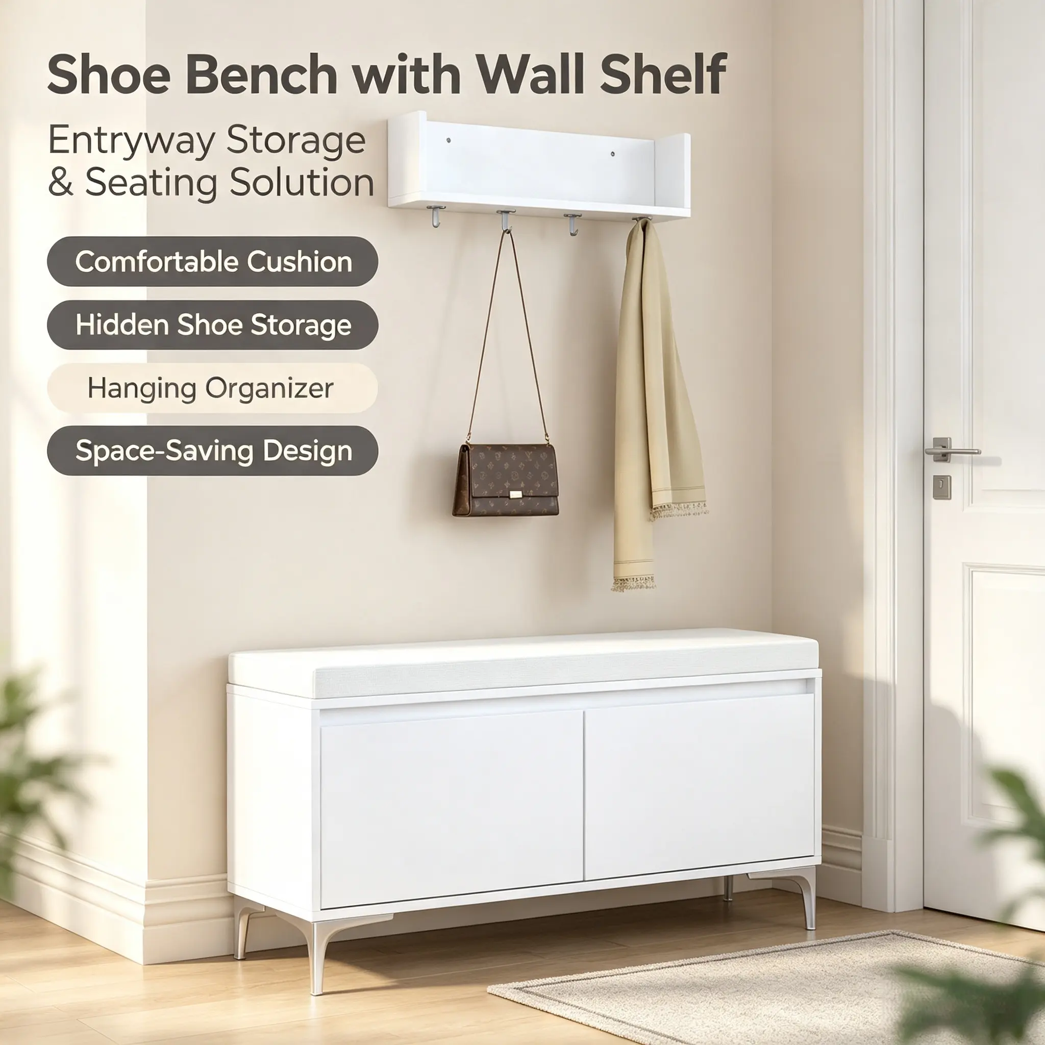 Wall-Mounted Entryway Shelf with Hooks & Storage Bench Set, Shoe Cabinet with Cushioned Seat & Closed Storage for Hallway, Mudroom, Bedroom, 111L x 48W x 56H cm