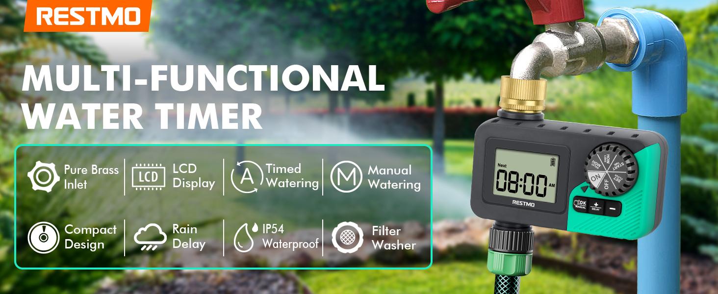RESTMO Sprinkler Timer with Brass Inlet, Water Timer for Garden Hose, Rain Delay/Manual/Automatic for Outdoor Faucet, Drip Irrigation and Lawn Watering System RESTMO Sprinkler Timer with Brass Inlet, Water Timer for Garden Hose, Rain Delay/Manual/Automatic for Outdoor Faucet, Drip Irrigation and Lawn Watering System