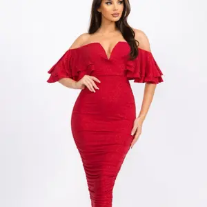 Glitter Fabric Off Shoulder Ruffled Drape Dress