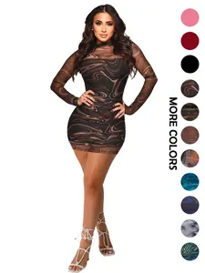 Women's Marble Print Sheer Mesh Dresses Set, Mock Neck Bodycon Fitted Short Dress & Adjustable Strap Dress Two-piece Outfits for Party Club Wear, Ladies Summer Clothes