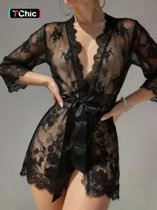 Sexy Transparent Sheer Lace Robe, V-Neck Floral Nightgown, Women's Short Sleepwear & Loungewear with Belt, Ideal for Honeymoon and Date Nights