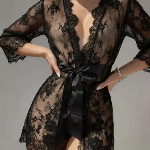 Women's Sexy Sheer Lace Robe, V-Neck Floral Short Lingerie Sleepwear & Loungewear with Belt, Ideal for Honeymoon & Date Nights