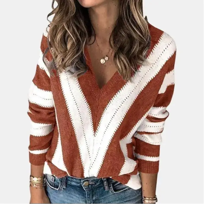 PrettyGarden Women's V Neck Stripe Color Block Loose Oversized Pullover Crochet Sweater Casual Fabric