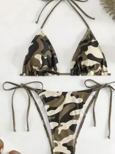 Camo Bikini Set Triangle Tie Side Swimsuit Y2K Streetwear Aesthetic Sexy Summer Beachwear Women Army Camouflage Pool Party Vacation Outfit Trend Viral Fashion US