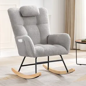 Rocking Chair Nursery, Teddy Upholstered Glider Rocker with High Backrest, Modern Rocking Accent Chair with Headrest, Comfy Armchair for Living Room, Bedroom, Offices
