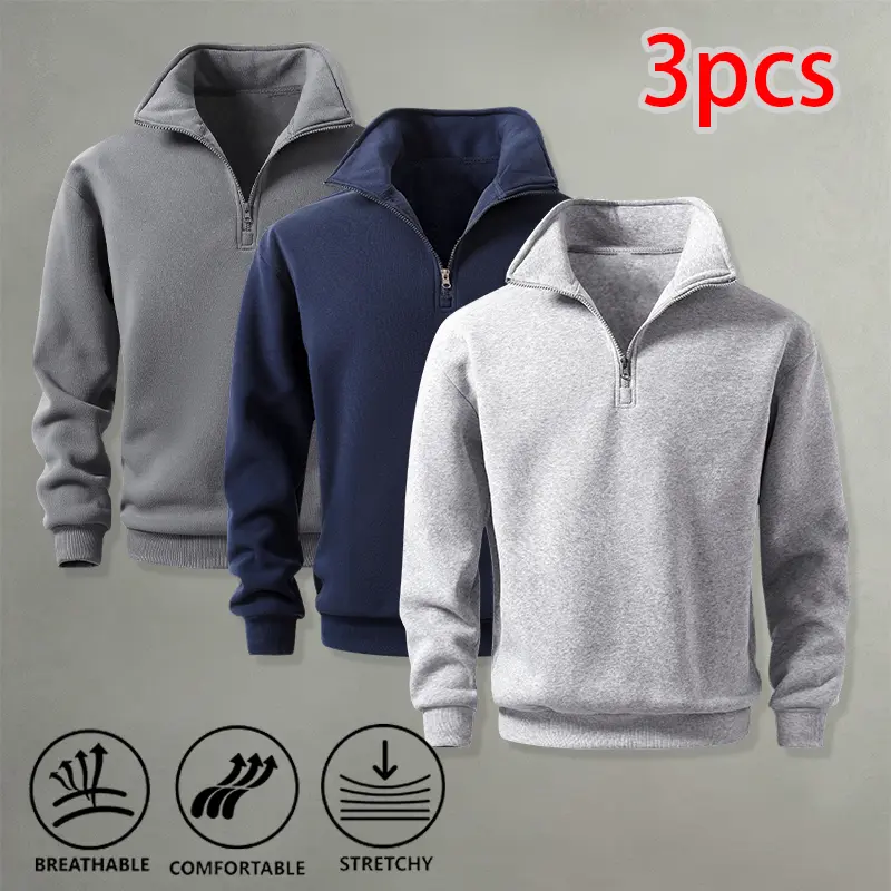 Loose Fit Quarter Zip Pullover 3-Pack Lightweight Sweatshirts for Daily, Office, Casual, and Outdoor Wear