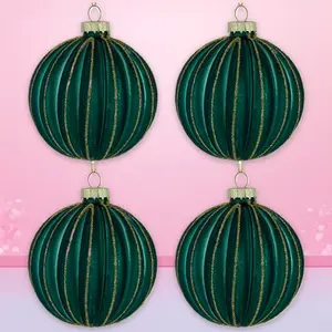 Northlight Gltered Ribbed Gss Christmas Ball Ornaments - 3" (75mm) - Green and Gold - 4ct