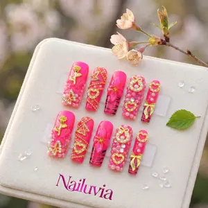 Nailuvia｜10PCS 100% Handmade Press-On Nails｜D090 1.3 Inch｜Reusable Colorful Art Acrylic Stylish｜Barbie Glam Hot Pink 3D Design