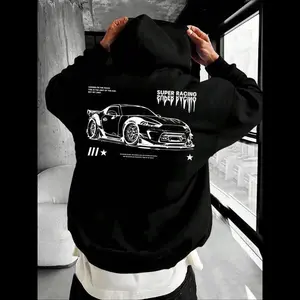 Men’s drop-shoulder hoodie with car and letter print, casual regular fit with drawstring and pocket, hooded sweatshirt for fall and winter, men’s sleepwear for indoor wear