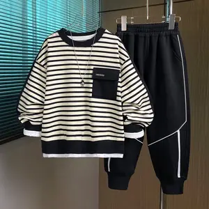 Boys' Striped Outfit for Kids and Older Children New Spring and Autumn Collection Round-Neck Sweatshirt Set Stylish Casual Two-Piece Set Comfortable Fabric