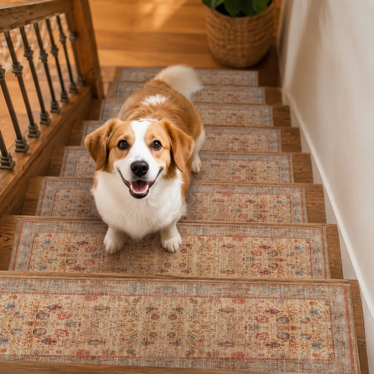 GTUUN Polyester Geometric Plaid Chenille Stair Treads, 15-Pack 8x30 in Non-Slip Self-Adhesive Washable Mats for Wooden Steps, Indoor Dog Use