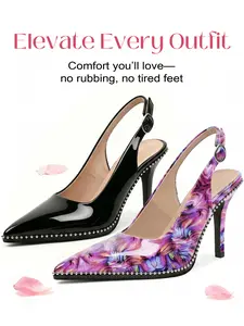 【Summervibes】Zamikoo Women’s Beaded Slingback Stiletto Heels, Pointed Toe Patent Leather PVC Opera Pumps with Adjustable Buckle, 90mm Heeled Shoe, Classy Elegant Fashion Stylish Girl Shoes for Wedding, Party & Clubbing | Heel Collection Footwear