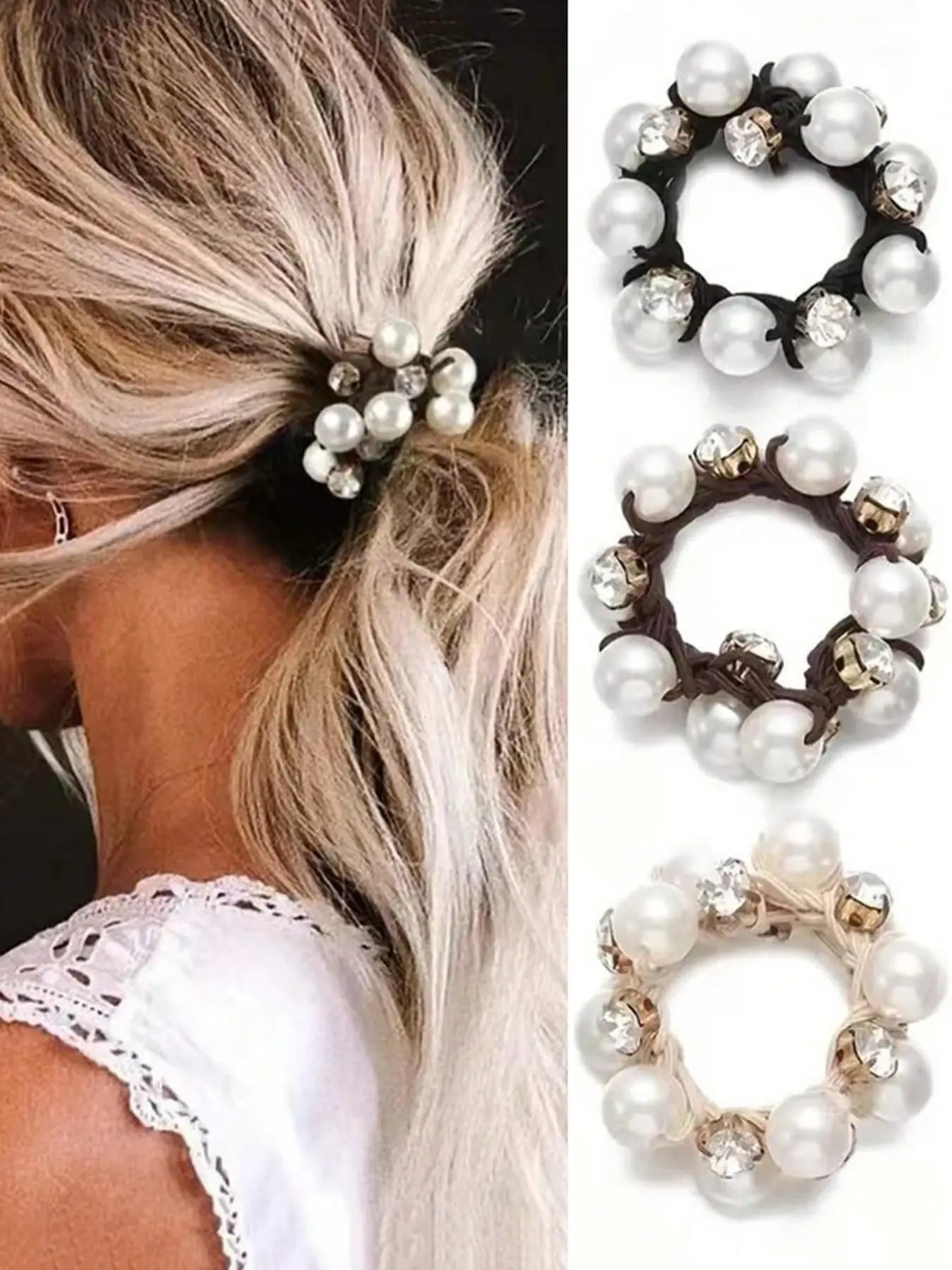 3 Counts Elegant High Stretch Faux Pearl Hair Tie for Women & Girls, Minimalist Headwear Suitable for Thick Hair, Summer Fashion Hair Accessories for Party, Daily Decor