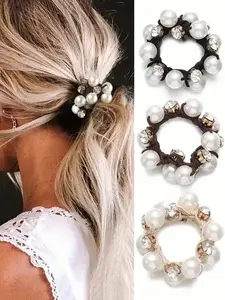 Faux Pearl Decor Hair Tie, 3 Counts Elegant High Stretch Hair Tie for Women & Girls, Minimalist Headwear Suitable for Thick Hair, Summer 2024 Fashion Hair Accessories for Party, Daily Decor