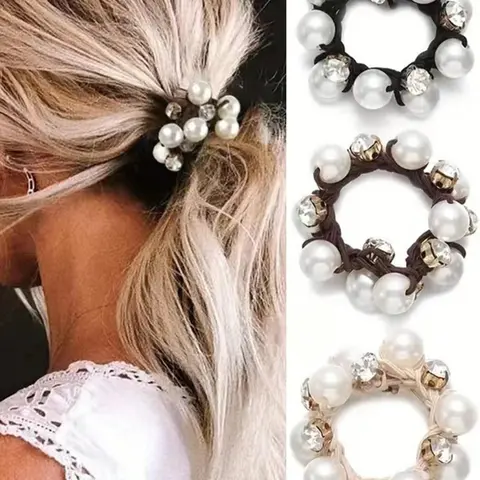 3 Counts Elegant High Stretch Faux Pearl Hair Tie for Women & Girls, Minimalist Headwear Suitable for Thick Hair, Summer Fashion Hair Accessories for Party, Daily Decor