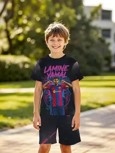 Boys' 3D Short Sleeve Set, Barcelona Player Amar Cartoon Full Print, Outdoor Wear, Holiday Gift, Birthday Present, 2026 World Cup