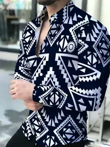 Men's Long Sleeve Button Front Shirt, Asymmetrical Design, All Season Casual Wear, Fitted Style, Geometric Pattern, Blue Base