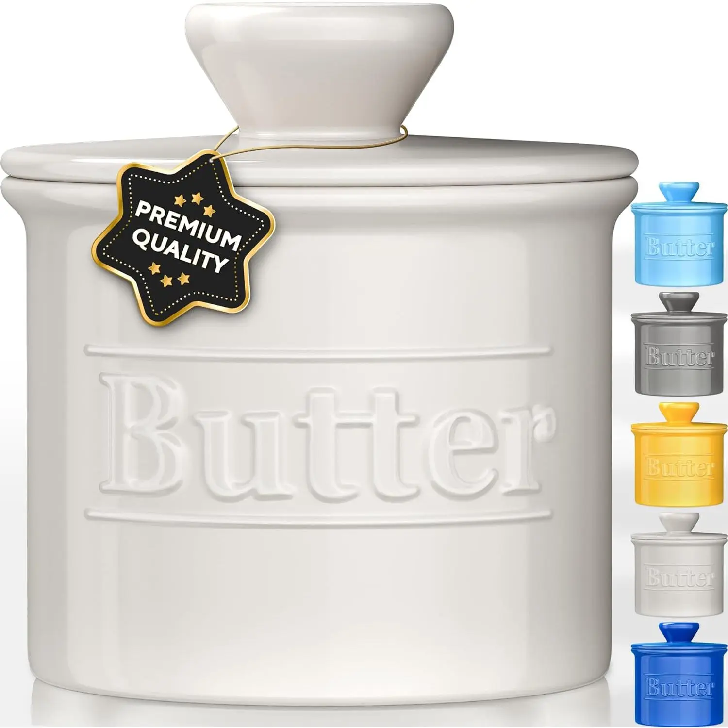 Butter Crock with Lid -  Design  Butter Dish - Beautiful Ceramic Butter Keeper for Counter with Water Line -  to Keep Butter Soft and Spreadable - White