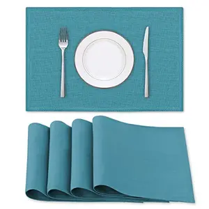 H.VERSAILTEX Linen Placemats Set of 4 Premium Solid Table Placemats for Dining Table Spill-Proof Waterproof Table Mats Heat-Resistant Kitchen Table Mats Washable, 12x18 inches, Teal