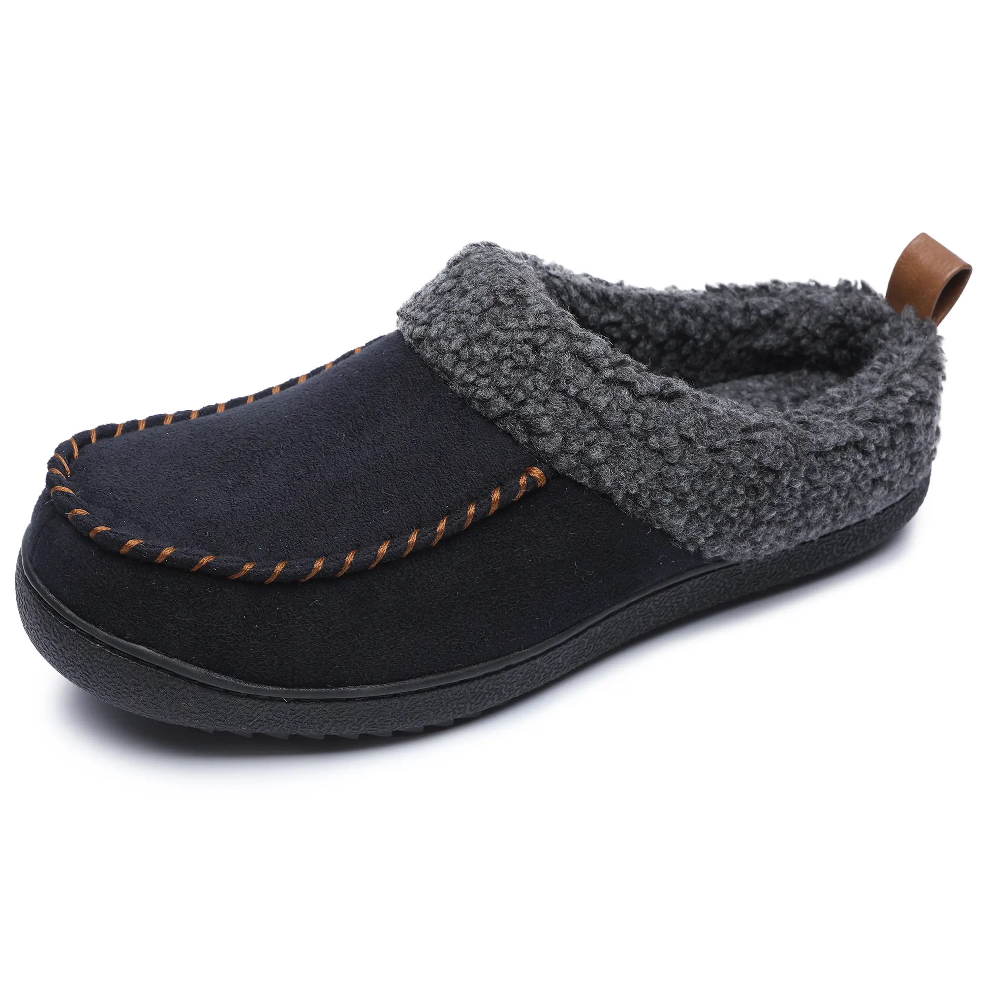 Men's Faux Suede Lined Slip-On Slippers, Black & Coffee Brown, Pull Tab, Plush Insulation, Non-Slip Support for Cozy Winter Warmth