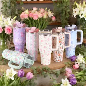 40OZ flower car cup, 304 stainless steel | colorful flower pattern | plastic handle | removable straw | Qixi Festival homecoming gift | car girlfriend must-have | TK explosion